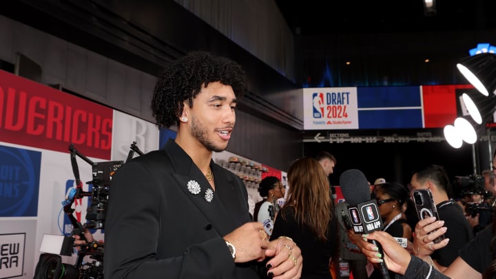 Jun 26, 2024; Brooklyn, NY, USA; Jared McCain is interviewed on the red carpet after arriving for the first round of the 2024 NBA Draft at Barclays Center. Mandatory Credit: Brad Penner-USA TODAY Sports Jun 26, 2024; Brooklyn, NY, USA; Jared McCain is interviewed on the red carpet after arriving for the first round of the 2024 NBA Draft at Barclays Center. Mandatory Credit: Brad Penner-USA TODAY Sports