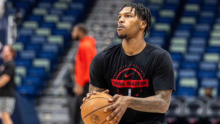 Jan 2, 2026; New Orleans, Louisiana, USA;  Portland Trail Blazers guard Caleb Love (2) during warmups before the game against the New Orleans Pelicans at Smoothie King Center.