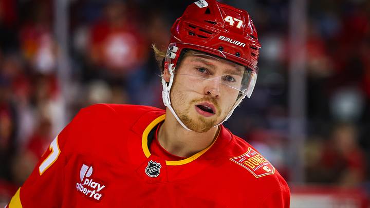 Oct 1, 2026; Calgary, Alberta, CAN; Calgary Flames center Connor Zary (47) skates against the Seattle Kraken during the second period at Scotiabank Saddledome. Mandatory Credit: Sergei Belski-Imagn Images