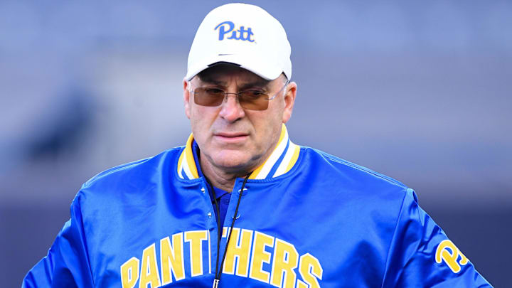 Nov 11, 2023; New York, New York, USA;  Pittsburgh Panthers head coach Pat Narduzzi watches warm ups before the game against against the Syracuse Orange at Yankee Stadium. Mandatory Credit: Dennis Schneidler-Imagn Images