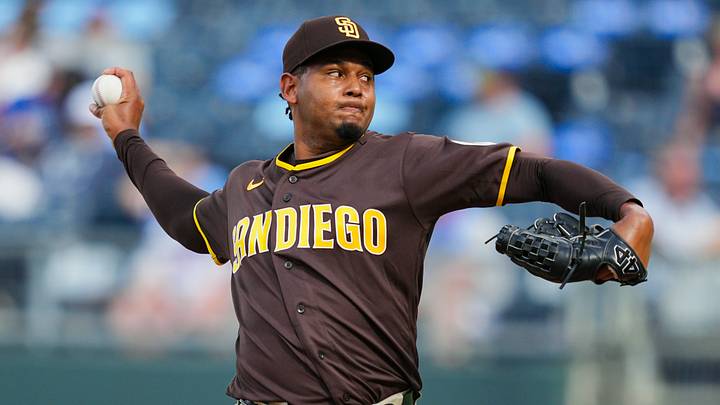 Jul 18, 2026; Kansas City, Missouri, USA; San Diego Padres pitcher Jhony Brito (76) pitches during the eighth inning against the San Diego Padres at Kauffman Stadium. Mandatory Credit: Jay Biggerstaff-Imagn Images Jul 18, 2026; Kansas City, Missouri, USA; San Diego Padres pitcher Jhony Brito (76) pitches during the eighth inning against the San Diego Padres at Kauffman Stadium. Mandatory Credit: Jay Biggerstaff-Imagn Images