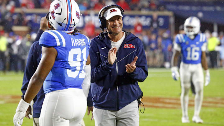 Nov 9, 2024; Oxford, Mississippi, USA; Mississippi Rebels head coach Lane Kiffin reacts near the end of the game during the second half  against the Georgia Bulldogs at Vaught-Hemingway Stadium. Mandatory Credit: Petre Thomas-Imagn Images