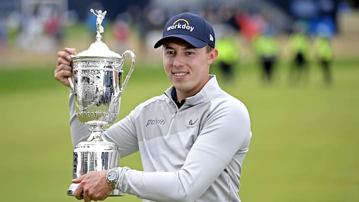 Matthew Fitzpatrick poses with the U.S. Open Championship trophy for his second career win at Brookline.