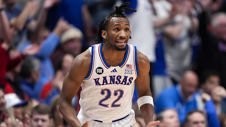 Jan 31, 2026; Lawrence, Kansas, USA; Kansas Jayhawks guard Darryn Peterson (22) reacts after scoring during the first half against the BYU Cougars at Allen Fieldhouse. Mandatory Credit: Jay Biggerstaff-Imagn Images Jan 31, 2026; Lawrence, Kansas, USA; Kansas Jayhawks guard Darryn Peterson (22) reacts after scoring during the first half against the BYU Cougars at Allen Fieldhouse. Mandatory Credit: Jay Biggerstaff-Imagn Images