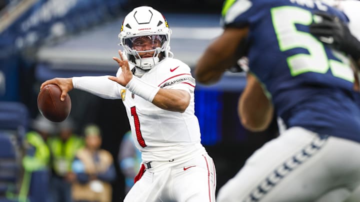Nov 24, 2024; Seattle, Washington, USA; Arizona Cardinals quarterback Kyler Murray (1) passes against the Seattle Seahawks during the second quarter at Lumen Field. Mandatory Credit: Joe Nicholson-Imagn Images