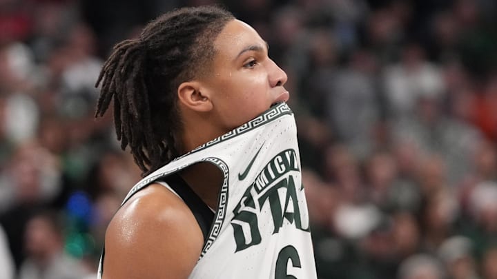 Mar 13, 2026; Chicago, IL, USA; Michigan State Spartans forward Jordan Scott (6) after fouling late in the game against the UCLA Bruins during the second half at United Center. Mandatory Credit: David Banks-Imagn Images Mar 13, 2026; Chicago, IL, USA; Michigan State Spartans forward Jordan Scott (6) after fouling late in the game against the UCLA Bruins during the second half at United Center. Mandatory Credit: David Banks-Imagn Images