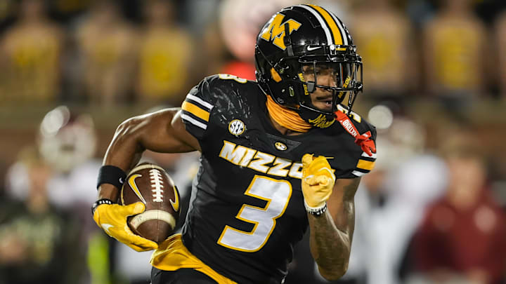 Nov 9, 2024; Columbia, Missouri, USA; Missouri Tigers wide receiver Luther Burden III (3) runs with the ball during the first half against the Oklahoma Sooners at Faurot Field at Memorial Stadium. Mandatory Credit: Jay Biggerstaff-Imagn Images Nov 9, 2024; Columbia, Missouri, USA; Missouri Tigers wide receiver Luther Burden III (3) runs with the ball during the first half against the Oklahoma Sooners at Faurot Field at Memorial Stadium. Mandatory Credit: Jay Biggerstaff-Imagn Images