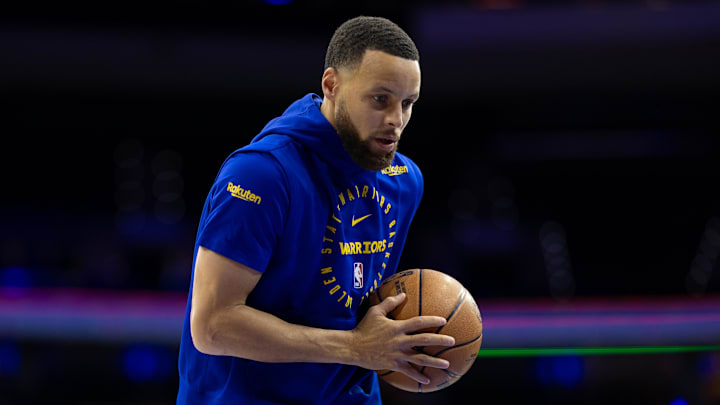 Mar 1, 2025; Philadelphia, Pennsylvania, USA; Golden State Warriors guard Stephen Curry before action against the Philadelphia 76ers at Wells Fargo Center. Mandatory Credit: Bill Streicher-Imagn Images