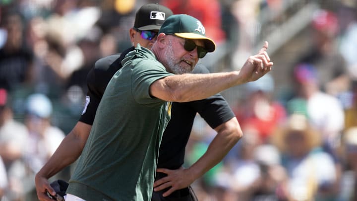 May 25, 2025; West Sacramento, California, USA; Athletics manager Mark Kotsay (right) argues with home plate umpire Roberto Ortiz after being ejected from the game against the Philadelphia Phillies during the seventh inning at Sutter Health Park. Mandatory Credit: D. Ross Cameron-Imagn Images May 25, 2025; West Sacramento, California, USA; Athletics manager Mark Kotsay (right) argues with home plate umpire Roberto Ortiz after being ejected from the game against the Philadelphia Phillies during the seventh inning at Sutter Health Park. Mandatory Credit: D. Ross Cameron-Imagn Images