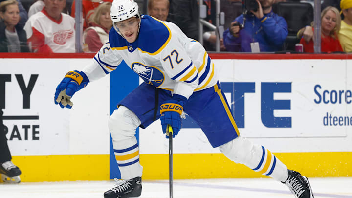 Nov 15, 2025; Detroit, Michigan, USA; Buffalo Sabres center Tage Thompson (72) skates with the puck in the first period against the Detroit Red Wings at Little Caesars Arena. Mandatory Credit: Rick Osentoski-Imagn Images Nov 15, 2025; Detroit, Michigan, USA; Buffalo Sabres center Tage Thompson (72) skates with the puck in the first period against the Detroit Red Wings at Little Caesars Arena. Mandatory Credit: Rick Osentoski-Imagn Images