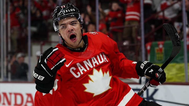 Dec 31, 2025; Minneapolis, Minnesota, UNITED STATES; Canada forward Tij Iginla (11) celebrates his goal against Finland during the second period in group play during the 2026 IIHF World Junior Championship at 3M Arena. Mandatory Credit: Matt Krohn-Imagn Images Dec 31, 2025; Minneapolis, Minnesota, UNITED STATES; Canada forward Tij Iginla (11) celebrates his goal against Finland during the second period in group play during the 2026 IIHF World Junior Championship at 3M Arena. Mandatory Credit: Matt Krohn-Imagn Images