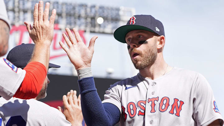Apr 15, 2026; Minneapolis, Minnesota, USA; Boston Red Sox shortstop Trevor Story celebrates the win over the Minnesota Twins after the game at Target Field. Mandatory Credit: Bruce Kluckhohn-Imagn Images