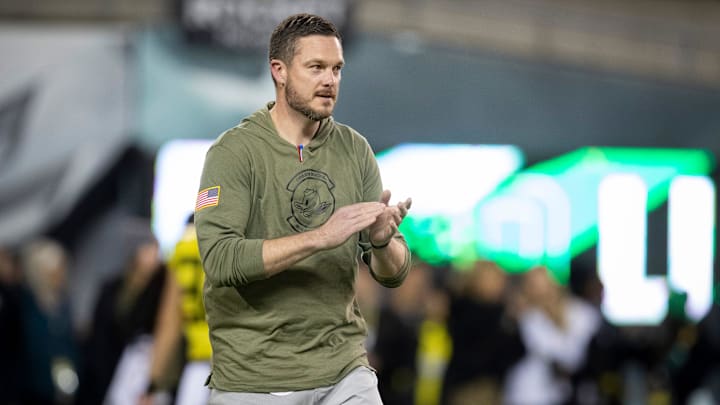 Oregon head coach Dan Lanning walks the field before the game as the No. 6 Oregon Ducks host the USC Trojans Saturday, Nov. 11, 2023, at Autzen Stadium in Eugene, Ore.