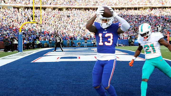 Bills receiver Gabe Davis keeps is fee in bounds for a touchdown against Miami s Eric Rowe. This Bills receiver Gabe Davis keeps is fee in bounds for a touchdown against Miami s Eric Rowe. This