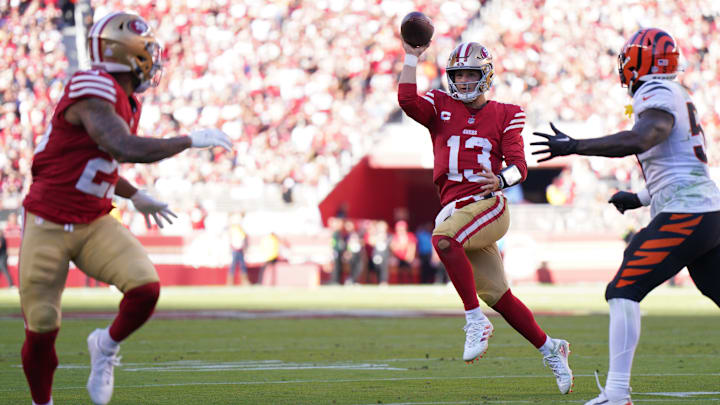 Germaine Pratt of the Cincinnati Bengals intercepts a pass from Brock Purdy of the San Francisco 49ers intended for Elijah Mitchell
