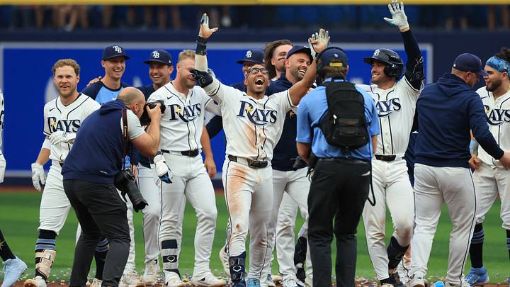 Sep 19, 2026; St. Petersburg, Florida, USA; Tampa Bay Rays second baseman Richie Palacios (1) celebrates with teammates after he hit the game winning walk off RBI single during the ninth inning against the Boston Red Sox at Tropicana Field. Mandatory Credit: Kim Klement Neitzel-Imagn Images Sep 19, 2026; St. Petersburg, Florida, USA; Tampa Bay Rays second baseman Richie Palacios (1) celebrates with teammates after he hit the game winning walk off RBI single during the ninth inning against the Boston Red Sox at Tropicana Field. Mandatory Credit: Kim Klement Neitzel-Imagn Images