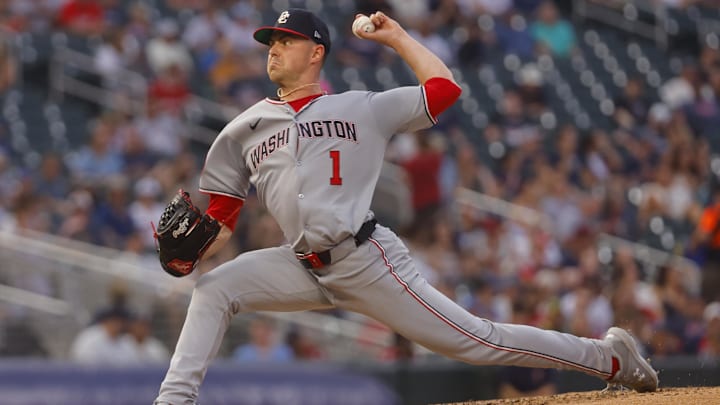 Jul 25, 2025; Minneapolis, Minnesota, USA; Washington Nationals starting pitcher MacKenzie Gore (1) throws to the Minnesota Twins in the fifth inning at Target Field.
