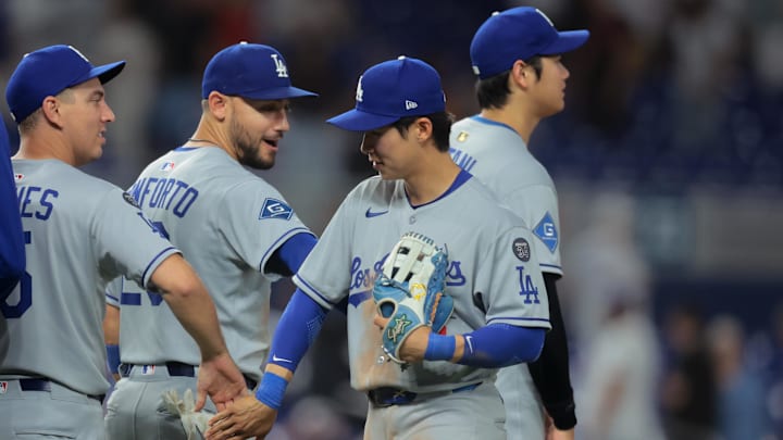 May 5, 2025; Miami, Florida, USA; Los Angeles Dodgers second baseman Hyeseong Kim (6) celebrates with teammates after the game against the Miami Marlins at loanDepot Park. Mandatory Credit: Sam Navarro-Imagn Images