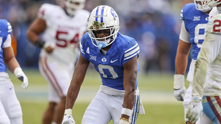 Nov 18, 2023; Provo, Utah, USA; Brigham Young Cougars wide receiver Kody Epps (0) reacts to a play against the Oklahoma Sooners in the third quarter at LaVell Edwards Stadium. Mandatory Credit: Rob Gray-Imagn Images