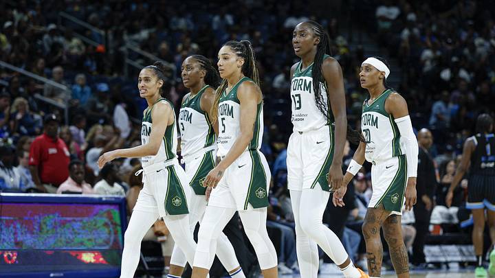 Aug 19, 2025; Chicago, Illinois, USA; Seattle Storm guard Skylar Diggins (4), forward Nneka Ogwumike (3), forward Gabby Williams (5), forward Ezi Magbegor (13) and guard Brittney Sykes (20) walk back to the bench during the second half of a WNBA game against the Chicago Sky at Wintrust Arena. Mandatory Credit: Kamil Krzaczynski-Imagn Images Aug 19, 2025; Chicago, Illinois, USA; Seattle Storm guard Skylar Diggins (4), forward Nneka Ogwumike (3), forward Gabby Williams (5), forward Ezi Magbegor (13) and guard Brittney Sykes (20) walk back to the bench during the second half of a WNBA game against the Chicago Sky at Wintrust Arena. Mandatory Credit: Kamil Krzaczynski-Imagn Images