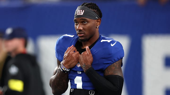 Sep 21, 2025; East Rutherford, New Jersey, USA; New York Giants wide receiver Malik Nabers (1) looks on before the game against the Kansas City Chiefs at MetLife Stadium. Mandatory Credit: Vincent Carchietta-Imagn Images