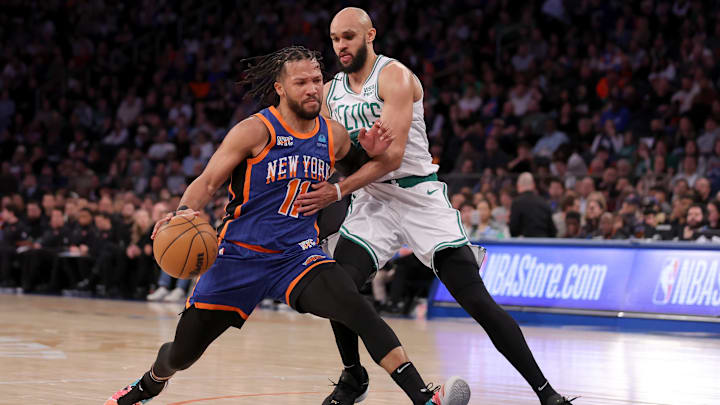Feb 24, 2024; New York, New York, USA; New York Knicks guard Jalen Brunson (11) drives to the basket against Boston Celtics guard Derrick White (9) during the third quarter at Madison Square Garden. Mandatory Credit: Brad Penner-Imagn Images Feb 24, 2024; New York, New York, USA; New York Knicks guard Jalen Brunson (11) drives to the basket against Boston Celtics guard Derrick White (9) during the third quarter at Madison Square Garden. Mandatory Credit: Brad Penner-Imagn Images