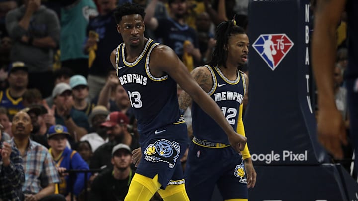 May 3, 2022; Memphis, Tennessee, USA; Memphis Grizzlies forward Jaren Jackson Jr. (13) and Memphis Grizzlies guard Ja Morant (12) react during the first half in game two of the second round for the 2022 NBA playoffs against the Golden State Warriors at FedExForum. Mandatory Credit: Petre Thomas-USA TODAY Sports