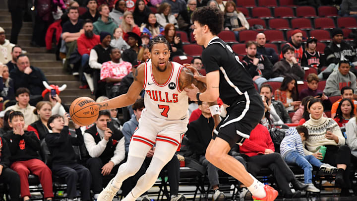 Jan 18, 2026; Chicago, Illinois, USA; Chicago Bulls forward Dalen Terry (7) drives against Brooklyn Nets during the first half at United Center. Mandatory Credit: Patrick Gorski-Imagn Images