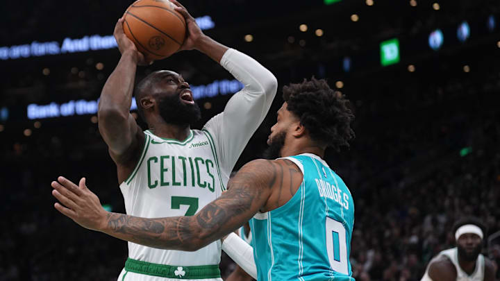 Apr 7, 2026; Boston, Massachusetts, USA; Boston Celtics guard Jaylen Brown (7) shoots the ball against Charlotte Hornets forward Miles Bridges (0) in the first quarter at TD Garden. Mandatory Credit: David Butler II-Imagn Images
