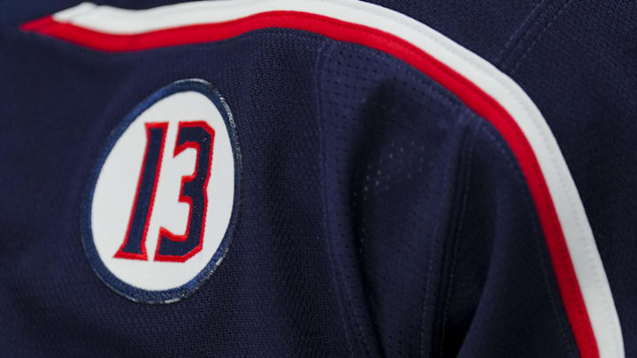 Oct 22, 2024; Columbus, Ohio, USA; A patch honoring the late Johnny Gaudreau is seen on the jersey worn by a member of the Columbus Blue Jackets during a stop in play against the Toronto Maple Leafs in the first period at Nationwide Arena. Mandatory Credit: Aaron Doster-Imagn Images