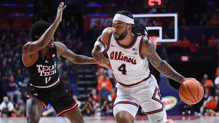 Nov 11, 2025; Champaign, Illinois, USA; Illinois Fighting Illini guard Kylan Boswell (4) drives the ball past Texas Tech Red Raiders guard Jaylen Petty (11) during the first half at State Farm Center. Mandatory Credit: Ron Johnson-Imagn Images Nov 11, 2025; Champaign, Illinois, USA; Illinois Fighting Illini guard Kylan Boswell (4) drives the ball past Texas Tech Red Raiders guard Jaylen Petty (11) during the first half at State Farm Center. Mandatory Credit: Ron Johnson-Imagn Images