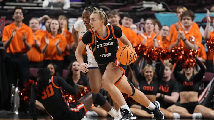 March 10, 2025; Las Vegas, NV, USA; Oregon State Beavers guard Kennedie Shuler (1) dribbles the basketball against the Gonzaga Bulldogs during the first half in the semifinal of the West Coast Conference tournament at Orleans Arena. Mandatory Credit: Kyle Terada-Imagn Images