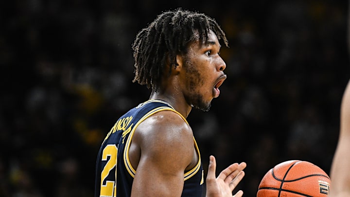 Mar 5, 2026; Iowa City, Iowa, USA; Michigan Wolverines forward Morez Johnson Jr. (21) reacts during the second half against the Iowa Hawkeyes at Carver-Hawkeye Arena. Mandatory Credit: Jeffrey Becker-Imagn Images
