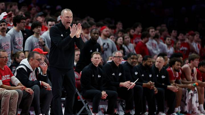 Mar 7, 2026; Columbus, Ohio, USA; Indiana Hoosiers head coach Darian Devries coaches his team during the second half against the Ohio State Buckeyes at Value City Arena. Mandatory Credit: Joseph Maiorana-Imagn Images