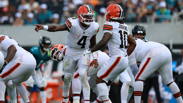 Sep 13, 2026; Jacksonville, Florida, USA; Cleveland Browns quarterback Deshaun Watson (4) with running back Quinshon Judkins (10) in the third quarter against the Jacksonville Jaguars at EverBank Stadium. Mandatory Credit: Nathan Ray Seebeck-Imagn Images Sep 13, 2026; Jacksonville, Florida, USA; Cleveland Browns quarterback Deshaun Watson (4) with running back Quinshon Judkins (10) in the third quarter against the Jacksonville Jaguars at EverBank Stadium. Mandatory Credit: Nathan Ray Seebeck-Imagn Images
