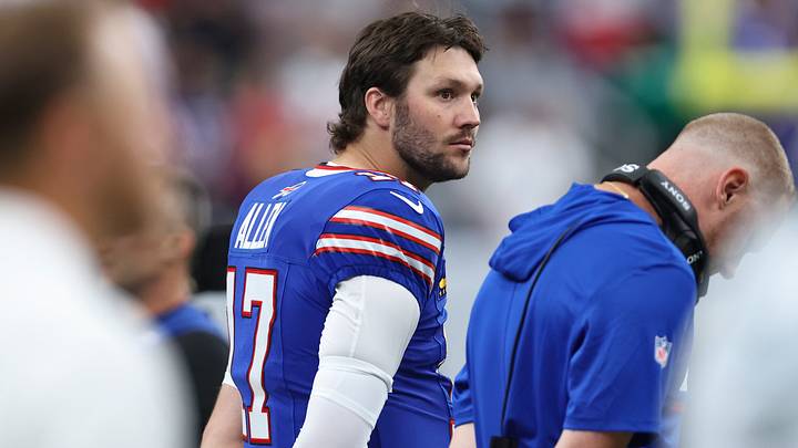 Sep 13, 2026; Houston, Texas, USA; Buffalo Bills quarterback Josh Allen (17) on the sideline before the game against the Houston Texans at Reliant Stadium.