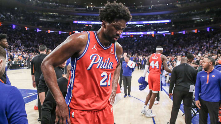 Apr 20, 2024; New York, New York, USA; Philadelphia 76ers center Joel Embiid (21) walks off the