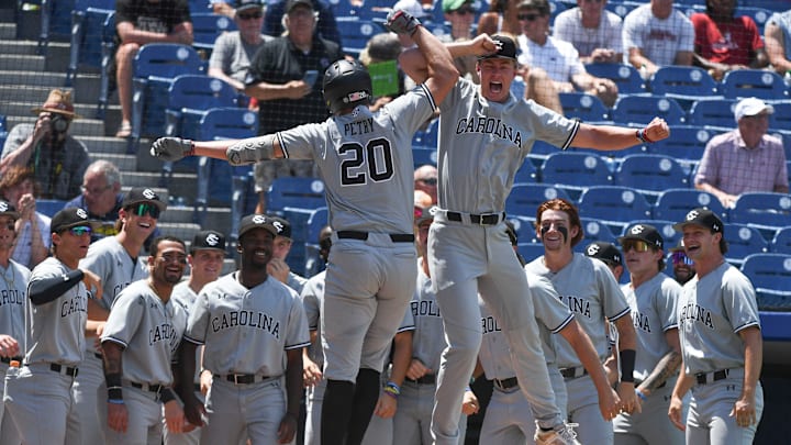 May 21 2024; Hoover, AL, USA; South Carolina hitter Ethan Petry celebrates his solo homer in the third inning agains Alabama at the Hoover Met on the opening day of the SEC Tournament. The Gamecocks hit three homers in the inning including a grand slam.