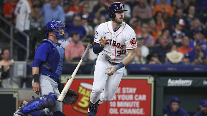 May 17, 2023; Houston, Texas, USA; Houston Astros designated hitter Kyle Tucker (30) hits a single during the first inning against the Chicago Cubs at Minute Maid Park. May 17, 2023; Houston, Texas, USA; Houston Astros designated hitter Kyle Tucker (30) hits a single during the first inning against the Chicago Cubs at Minute Maid Park.