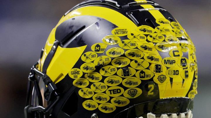 Dec 2, 2023; Indianapolis, IN, USA; The helmet of Michigan Wolverines running back Blake Corum (2) before the Big Ten Championship game against the Iowa Hawkeyes at Lucas Oil Stadium. Mandatory Credit: Trevor Ruszkowski-Imagn Images