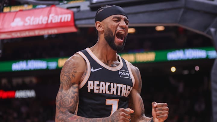 Nov 18, 2025; Atlanta, Georgia, USA; Atlanta Hawks guard Nickeil Alexander-Walker (7) reacts after a basket against the Detroit Pistons in the fourth quarter at State Farm Arena. Mandatory Credit: Brett Davis-Imagn Images
Nov 18, 2025; Atlanta, Georgia, USA; Atlanta Hawks guard Nickeil Alexander-Walker (7) reacts after a basket against the Detroit Pistons in the fourth quarter at State Farm Arena. Mandatory Credit: Brett Davis-Imagn Images