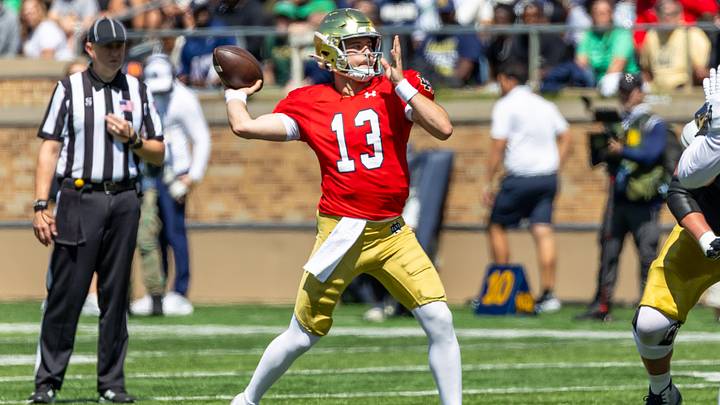 Apr 25, 2026; Notre Dame, IN, USA; Notre Dame Fighting Irish quarterback CJ Carr (13) throws a pass during the Blue-Gold game at Notre Dame Stadium. Mandatory Credit: Michael Caterina-Imagn Images Apr 25, 2026; Notre Dame, IN, USA; Notre Dame Fighting Irish quarterback CJ Carr (13) throws a pass during the Blue-Gold game at Notre Dame Stadium. Mandatory Credit: Michael Caterina-Imagn Images