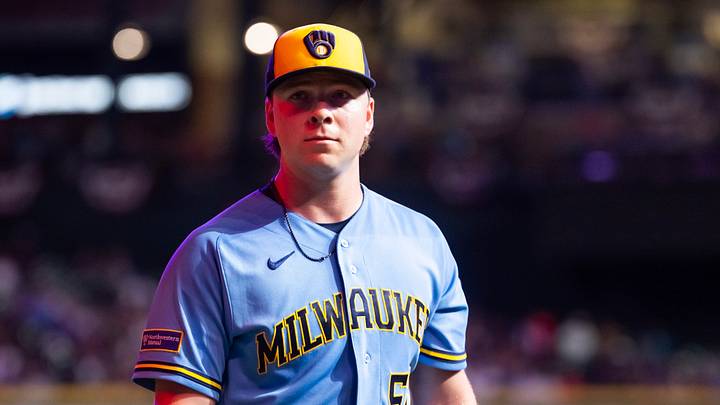 Jul 3, 2026; Phoenix, Arizona, USA; Milwaukee Brewers pitcher Kyle Harrison in the third inning against the Arizona Diamondbacks at Chase Field. Mandatory Credit: Mark J. Rebilas-Imagn Images