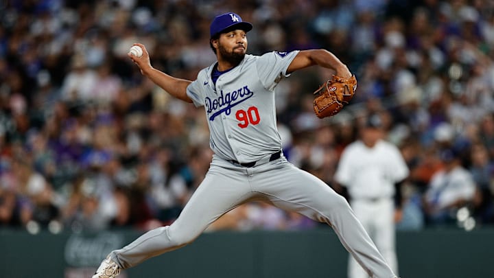 Jun 18, 2024; Denver, Colorado, USA; Los Angeles Dodgers pitcher Michael Petersen (90) pitches in the seventh inning against the Colorado Rockies at Coors Field. Mandatory Credit: Isaiah J. Downing-Imagn Images
