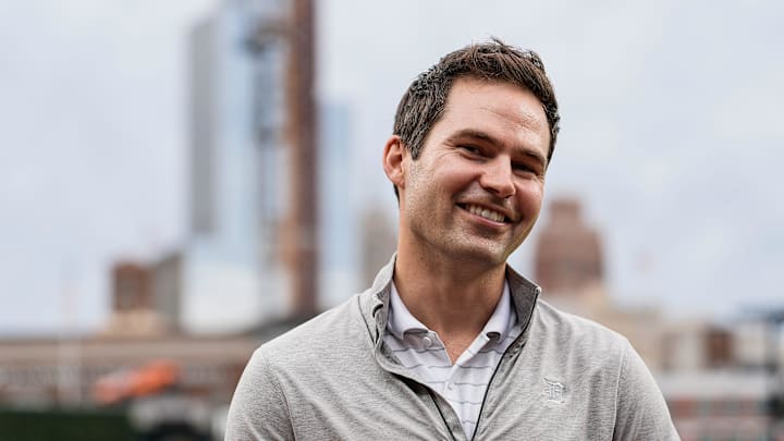 Detroit Tigers president of baseball operations Harris talks to a TV reporter before a game in Detroit.