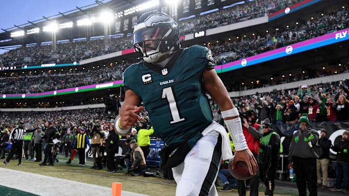 Jan 26, 2025; Philadelphia, PA, USA; Philadelphia Eagles quarterback Jalen Hurts (1) reacts after a touchdown against the Washington Commanders during the second half in the NFC Championship game at Lincoln Financial Field. Mandatory Credit: Eric Hartline-Imagn Images