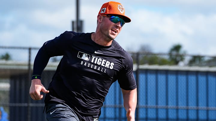 Detroit Tigers infielder Spencer Torkelson works out during spring training at TigerTown in Lakeland, Fla. on Saturday, Feb. 15, 2025.