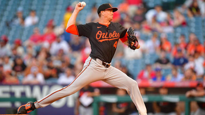 May 10, 2025; Anaheim, California, USA; Baltimore Orioles pitcher Kyle Gibson (48) throws against the Los Angeles Angels during the first inning at Angel Stadium May 10, 2025; Anaheim, California, USA; Baltimore Orioles pitcher Kyle Gibson (48) throws against the Los Angeles Angels during the first inning at Angel Stadium