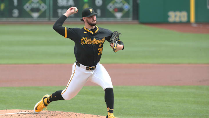 Apr 19, 2025; Pittsburgh, Pennsylvania, USA;  Pittsburgh Pirates starting pitcher Paul Skenes (30) delivers a pitch against the Cleveland Guardians during the first inning at PNC Park. Mandatory Credit: Charles LeClaire-Imagn Images