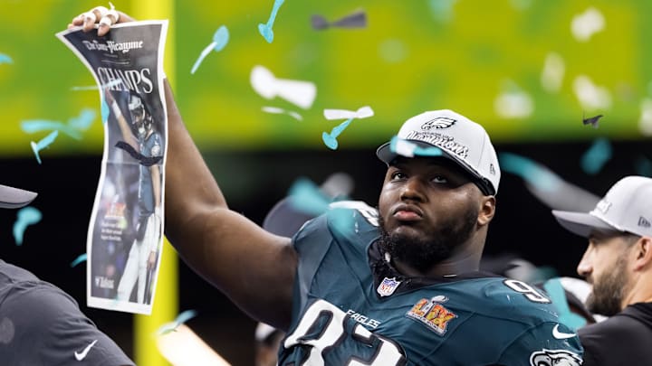 Feb 9, 2025; New Orleans, LA, USA; Philadelphia Eagles  defensive tackle Milton Williams (93) celebrates after defeating the Kansas City Chiefs during Super Bowl LIX at Ceasars Superdome. Mandatory Credit: Mark J. Rebilas-Imagn Images